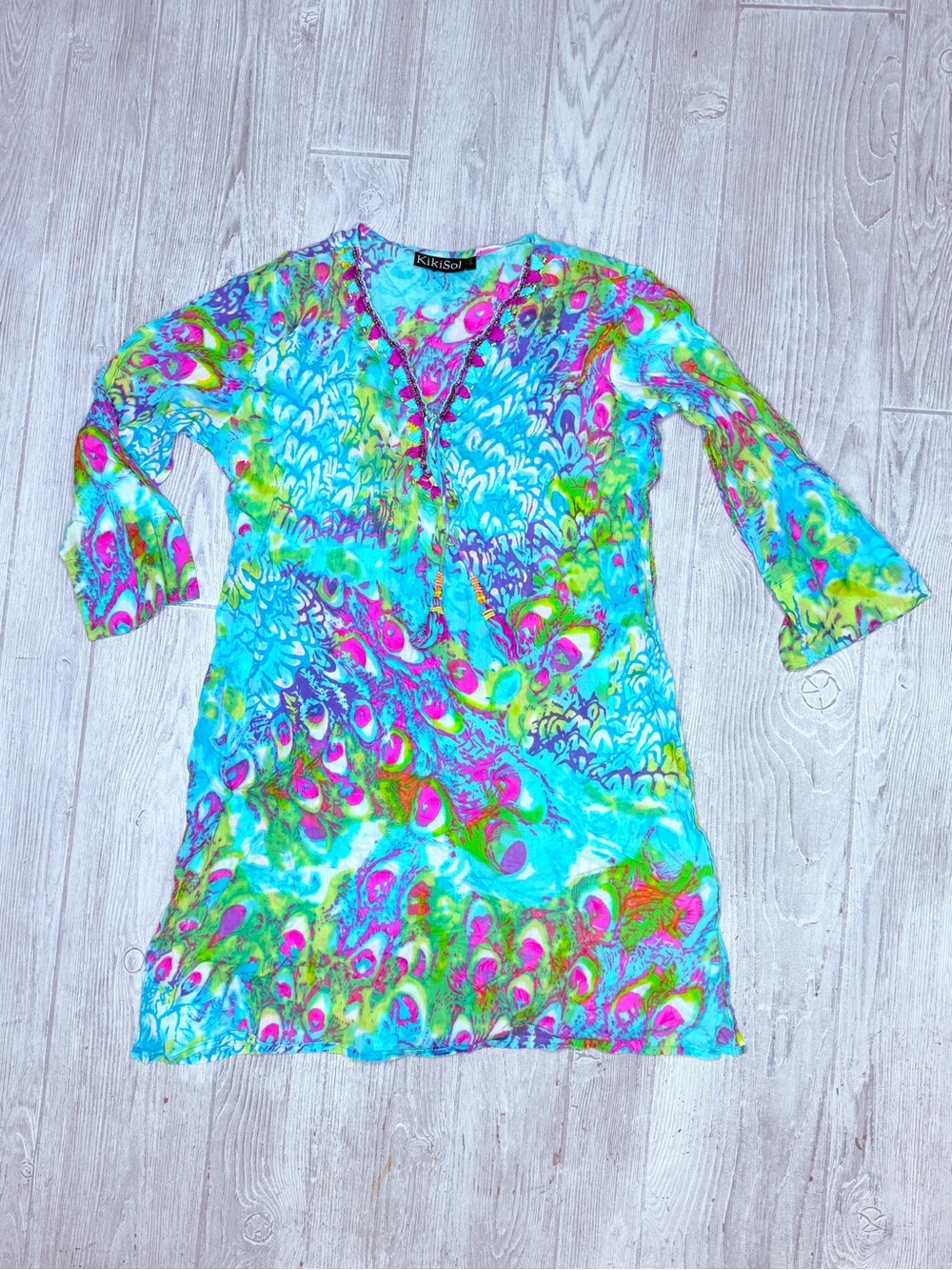 Blue Peacock Beaded KikiSol Tunic with Tassle cotton dress tunic beach cover sm